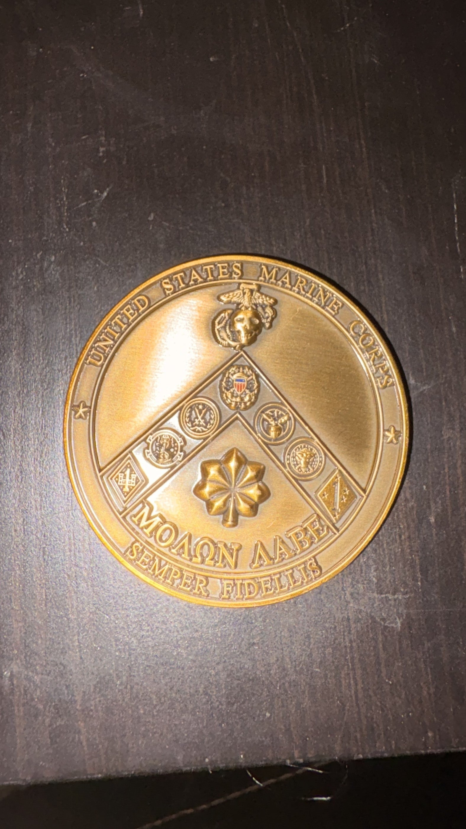 Reverse face of the antique-bronze challenge coin, showing the second die of a dual-sided strike