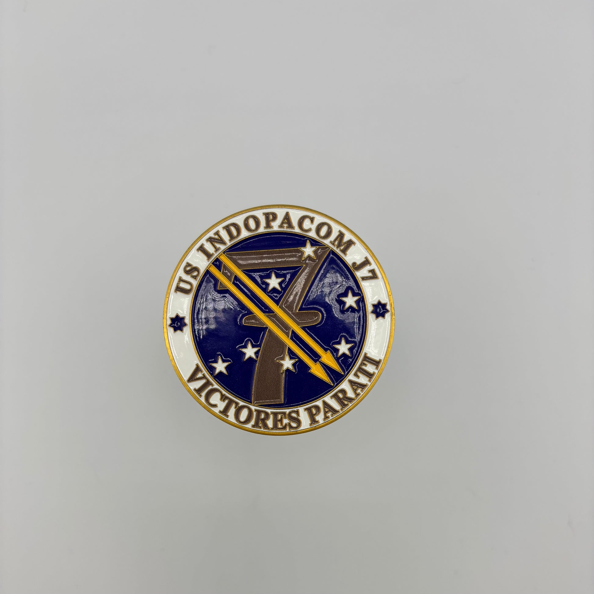 Custom double-sided challenge coin with detailed 3D relief and antique-finish plating